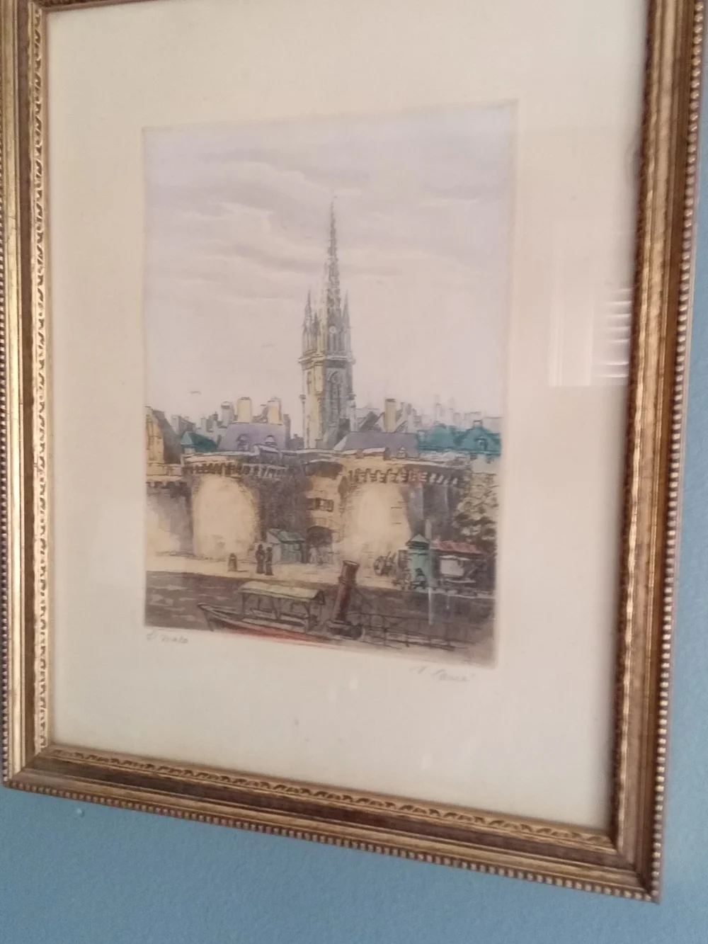 V. Carre St Malo Signed Etching Hand Colored Framed Vintage French Cityscape Art